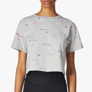 Champion Womens Large Logo Print Cropped T-Shirt Multi Scatter Graphic Tee